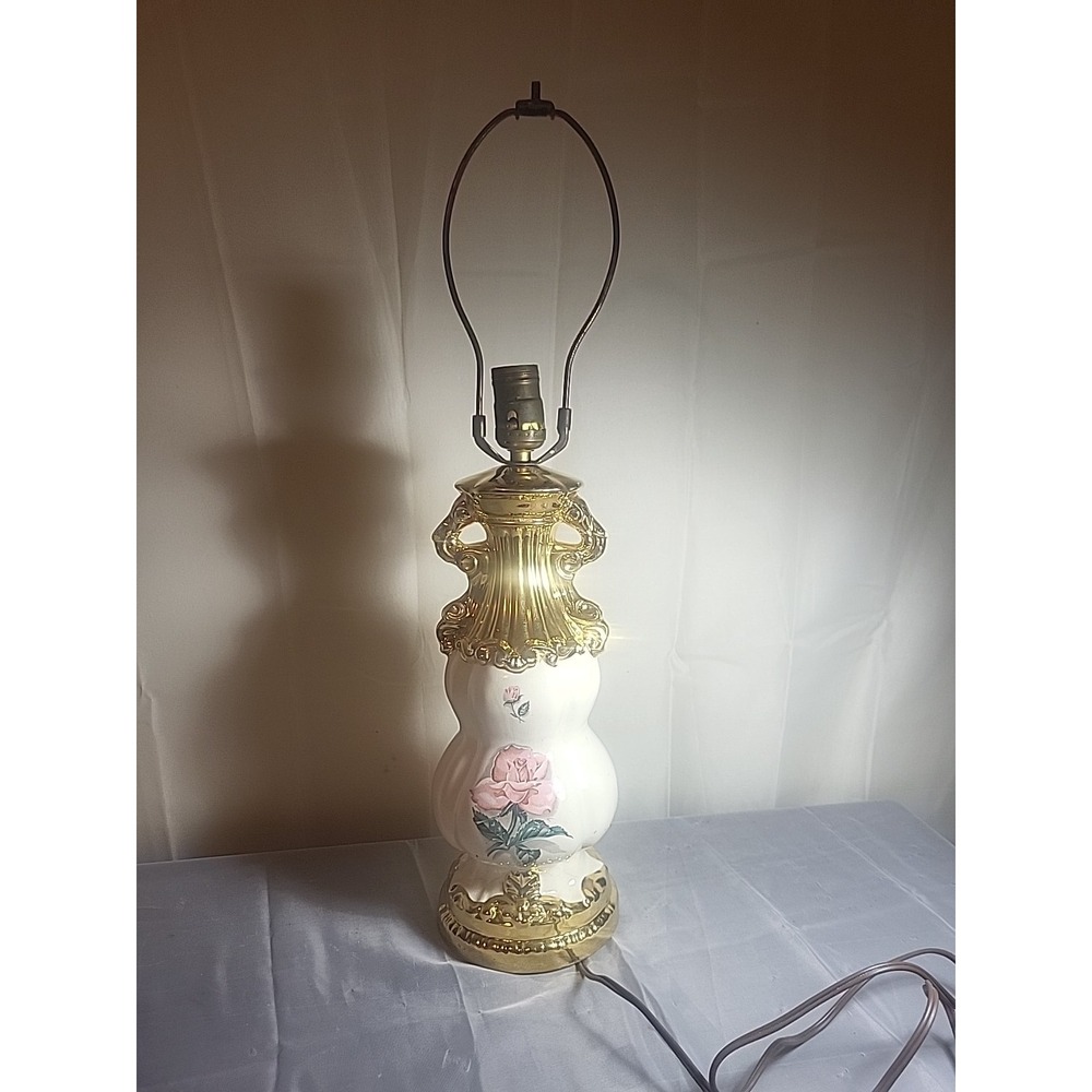 Vintage 23 Inch Ceramic Table Lamp Pink Rose Floral Gold Gilt Urn Style